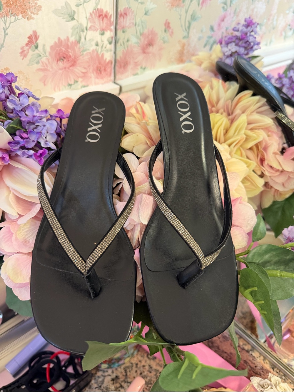 XOXO Black Rhinestone Trim Flip Flop Sandals